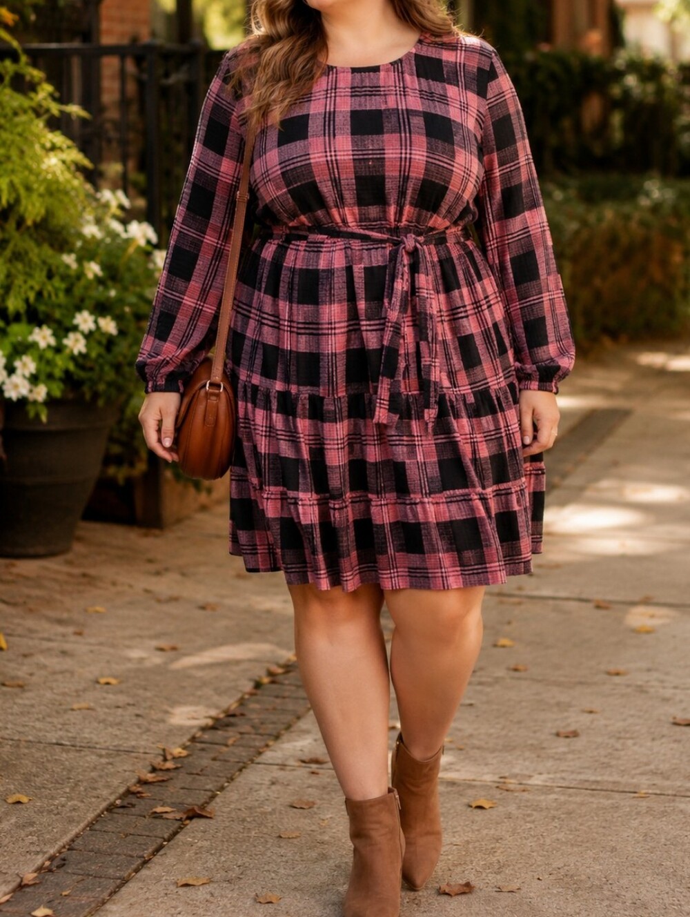 Anthropologie Cloth & Stone Pink Black Plaid Tie-Waist Tiered Dress Boho